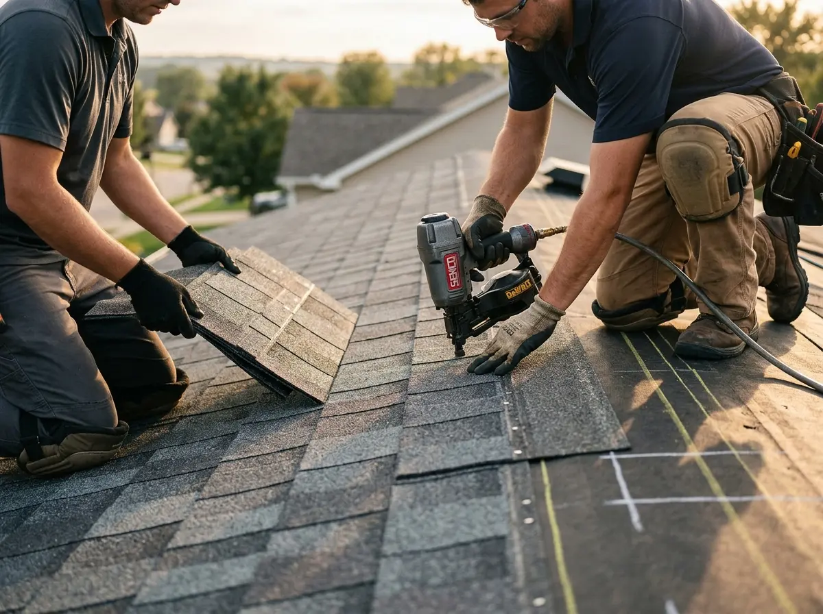 Professional roofer working on a residential roof in Natchitoches